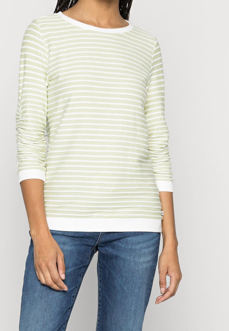 Haut vert clair à manches longues avec rayures blanches, col rond et poignets blancs. Associé à un jean en denim bleu.