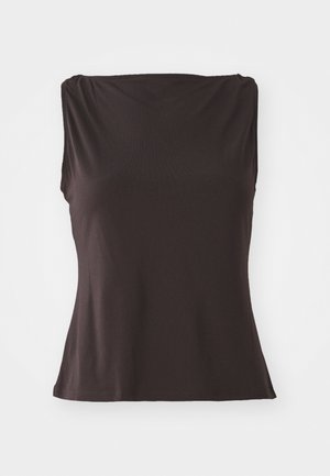 Sleeveless top in dark brown, made of smooth, stretchy fabric. Features a scooped neckline and a fitted silhouette with a flared hem.