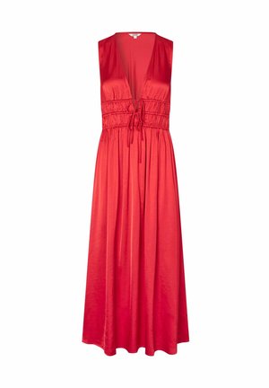 Rotes ärmelloses Maxikleid mit tiefem V-Ausschnitt, geraffter Taille mit Kordelzug und fließendem Satinstoff.
