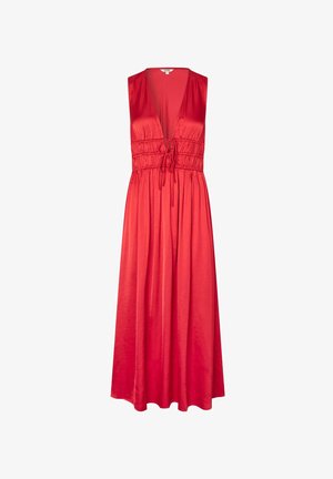 Rotes ärmelloses Maxikleid mit tiefem V-Ausschnitt, geraffter Taille mit Kordelzug und fließendem Satinstoff.