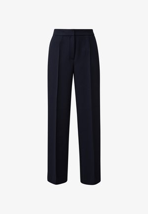 Pantalon bleu marine ajusté avec jambes droites, taille haute et plis à l'avant, conçu pour une tenue formelle ou professionnelle.