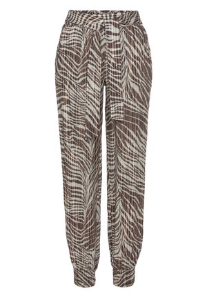Braune und beige, zebramuster Plissee-Hose mit elastischen Bündchen und passendem Stoffgürtel, der an der Taille gebunden wird.