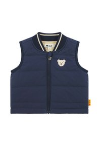 Gilet senza maniche blu navy con motivo a righe trapuntato orizzontali, zip frontale e applicazione a forma di orsetto sulla parte sinistra del petto. Collo a costine.