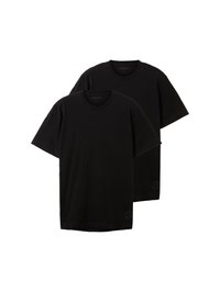 Black cotton t-shirts, crew neck, short sleeves, relaxed fit, featuring a small logo on the lower left side, sold as a set of two.