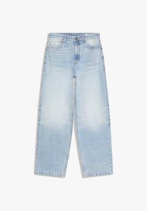Lichtblauwe jeans met hoge taille en rechte pijpen, voorzien van voorzakken, knoopsluiting en vervaagde details op de dijen en knieën.