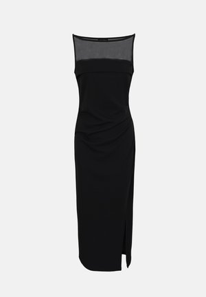 Vestito midi nero senza maniche con corpetto in mesh trasparente e spacco laterale sulla gonna, progettato con una silhouette aderente.
