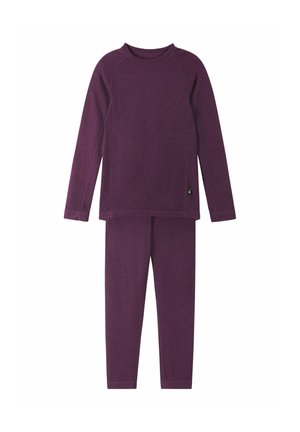 Lila Langarmoberteil und passende Leggings aus weichem Material, mit Rundhalsausschnitt, geripptem Design und flachen Nähten für zusätzlichen Komfort.
