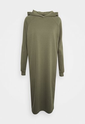 Robe à capuche manches longues couleur vert olive, coupe décontractée avec poignets côtelés, présentée sur un fond blanc uni.
