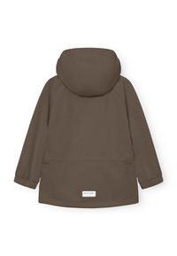 Braune wasserdichte Jacke mit Kapuze, elastischen Bündchen und einer Fronttasche. Glatte Textur mit einem Logostick auf dem Saum.