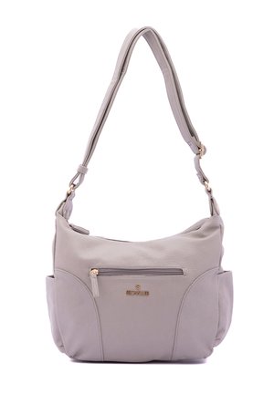 Borsa a spalla in pelle grigia con texture liscia, tracolla regolabile, tasca frontale con zip e dettagli in metallo dorato.