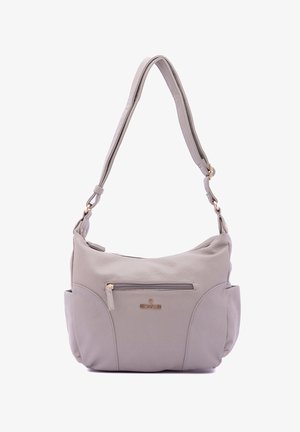 Sac à bandoulière en cuir gris avec une texture lisse, bandoulière ajustable, poche zippée à l'avant et accents en métal doré.