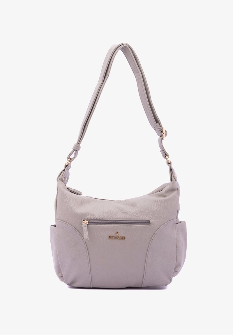 Borsa a spalla in pelle grigia con texture liscia, tracolla regolabile, tasca frontale con zip e dettagli in metallo dorato.