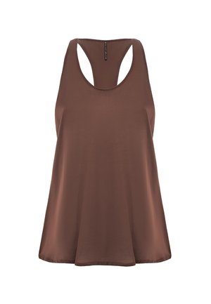 Brauner ärmelloser Oberteil mit rundem Ausschnitt, offener Rückseite und lässiger Passform. Glattes Material mit leichter Textur.
