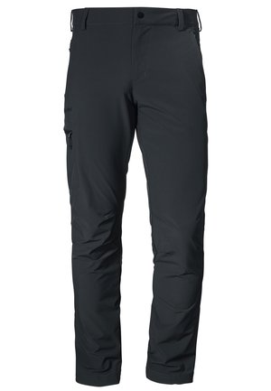 Schwarze Outdoor-Hosen aus synthetischem Material mit einer seitlichen Reißverschlusstasche, tailliertem Schnitt und Kontrastnähten entlang der Nähte.