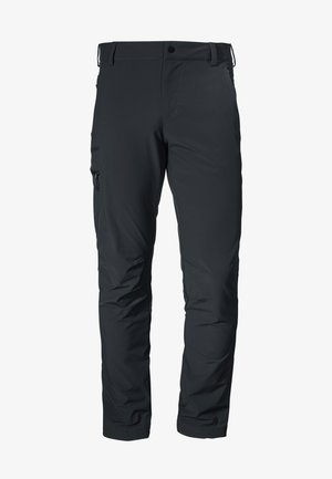 Black outdoor pants made from synthetic fabric, featuring a zippered side pocket, tailored fit, and contrast stitching along seams.