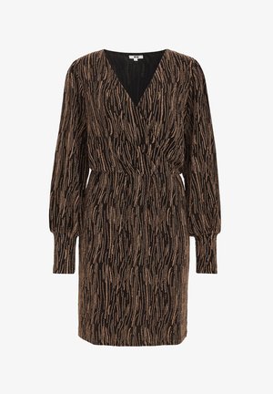 Fekete ruha mély V-nyakkal, hosszú puffujjakkal és szűkített derékkal. Fémes arany és réz csíkok textúrázott mintájával rendelkezik.