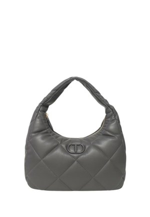 Borsa a tracolla in ecopelle sintetica grigia trapuntata, con forma arrotondata, due manici e un accento con logo. Presenta una chiusura superiore con zip.