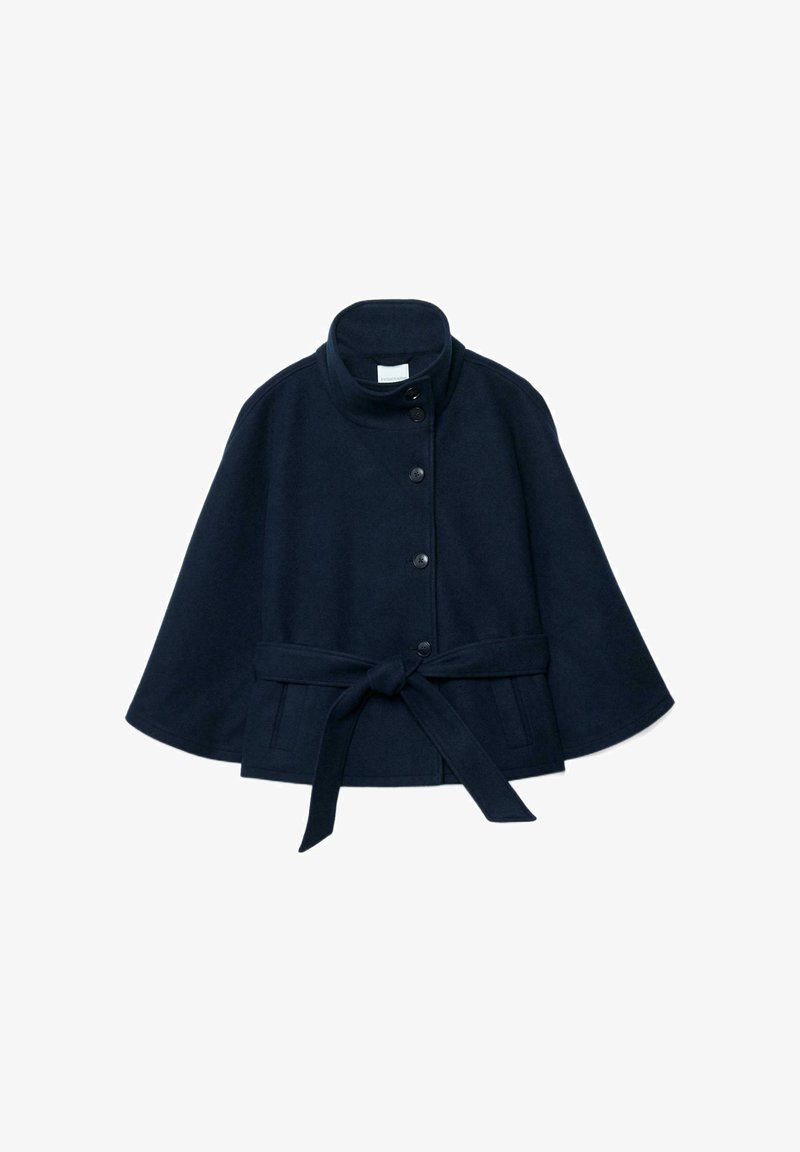 Navy blue wool cape jacket with a high collar, button closure, and waist tie. Features a smooth texture and wide, flowing design.
