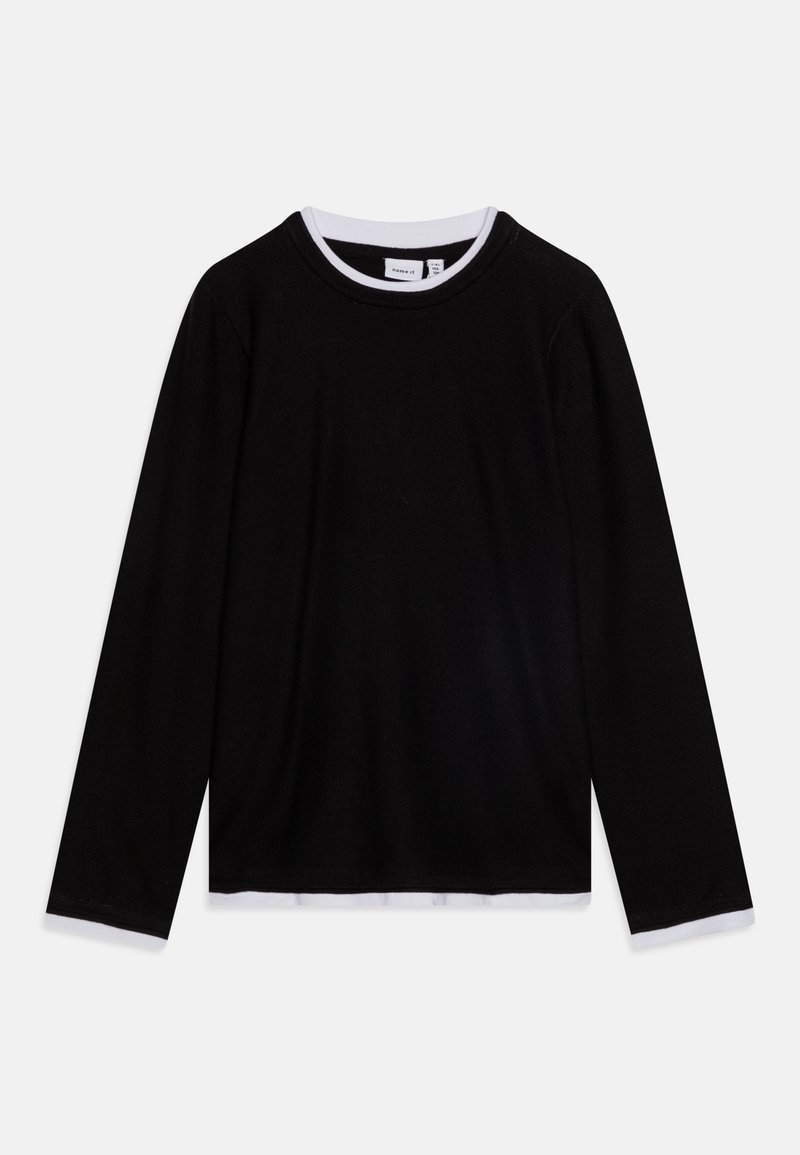 Chemise noire à manches longues avec col rond, avec un col blanc et une bordure blanche visible à l'ourlet, posée à plat sur un fond blanc.