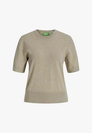 Kortermet beige genser laget av myk teksturert stoff. Har rund hals og ribbede detaljer ved ermer og kant. Grønn merkebl label inni.