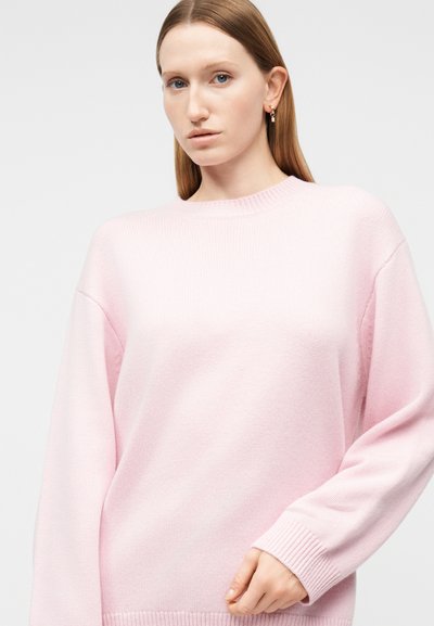 Γυναίκα με ίσια ανοιχτό καστανά μαλλιά, που φορά μικρούς κρίκους στα αυτιά και ανοιχτό ροζ πλεκτό πουλόβερ, στέκεται μπροστά σε μονόχρωμο φόντο.