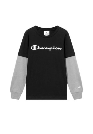 Langärmliges schwarz-graues Shirt mit Champion-Logo auf der Brust und kleinem Logo am linken grauen Ärmelsaum.