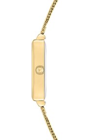 Gouden klok met een rechthoekige kast, gladde bezel, witte wijzerplaat en decoratieve kroon. Beschikt over een geperforeerde gouden kettingarmband.