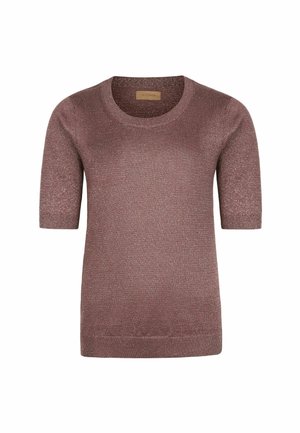 Kurzärmliges Strickoberteil in metallischem Mauve mit Rundhalsausschnitt sowie gerippten Bündchen und Saum.