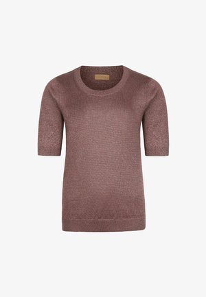 Striktop med korte ærmer i metallisk mauve med rund halsudskæring og ribstrikkede ærmeafslutninger og kant.