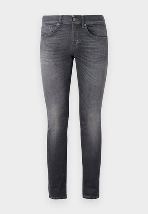 Jeans in denim grigio con una vestibilità slim, caratterizzati da una vita a media altezza, tasche frontali e dettagli di sfumatura sottili lungo le cosce.