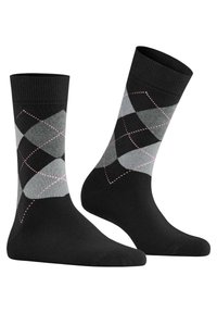 Calcetines de algodón negros con un patrón de argyle gris y acentos rosas, con un puño acanalado; de longitud media hasta la pantorrilla con una textura suave.