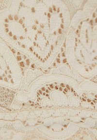 Beige kant stof met ingewikkelde bloemen- en hartpatronen, die fijn geweven texturen en delicate details door het hele stuk laat zien.