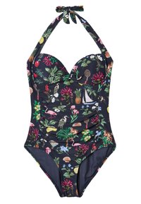 Einteiliger Neckholder-Badeanzug mit tropischem Print, der Flamingos, Ananas, Blumen, Palmen und Segelboote auf dunklem Hintergrund zeigt.