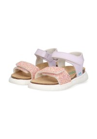 Rosa glittriga sandaler med justerbara lilaklämmor, en texturerad innersula och en vit gummisula med blå detaljer på sidorna.