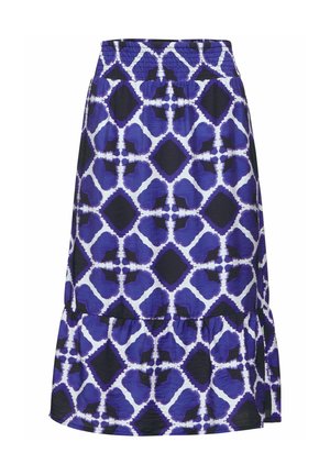 Flared skirt in purple and black with an intricate geometric pattern. Made of lightweight fabric with a smocked waistband and ruffled hem.