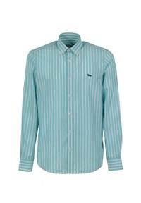 Lichtblauw button-up shirt met verticale strepen in wit en pastelkleuren; heeft een puntige kraag en een klein donker logo op de borst.