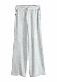 Hellgraue, weit geschnittene Hosen aus weichem Stoff, mit elastischem Bund und Kordelzug sowie seitlichen Taschen. Glatte Textur, minimale Nahtführung.