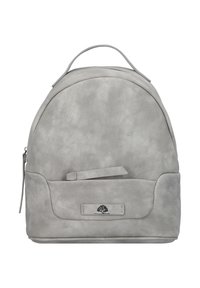 Sac à dos en cuir gris avec une forme arrondie, texture lisse, poignée supérieure, poche zippée à l'avant et un petit logo en relief.