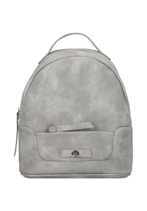 Grauer Leder-Rucksack mit runder Form, glatter Textur, Oberhandgriff, vorderer Reißverschluss Tasche und einem kleinen geprägten Logo-Detail.