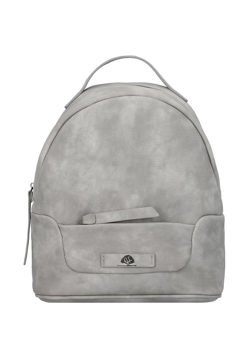 Sac à dos en cuir gris avec une forme arrondie, texture lisse, poignée supérieure, poche zippée à l'avant et un petit logo en relief.