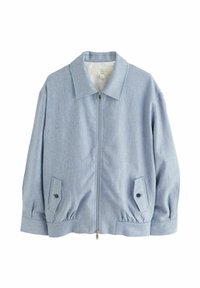Light blue linen jacket with a zip front, pointed collar, elastic cuffs, and side pockets featuring button details.