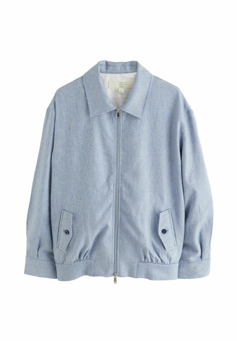 Light blue linen jacket with a zip front, pointed collar, elastic cuffs, and side pockets featuring button details.