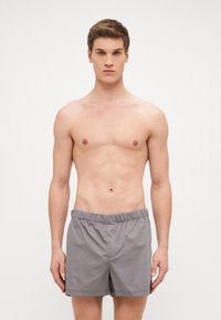 Shorts de bain gris avec un waistband élastique, fabriqués en tissu léger, présentant une coupe classique sans motifs ni accents visibles.