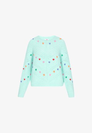 Šviesiai mėtų žalios spalvos megztinis su švelnia tekstūra, puošiamas daugiakampėmis širdelėmis ir mezgimo raštu priekyje bei ant rankovių.