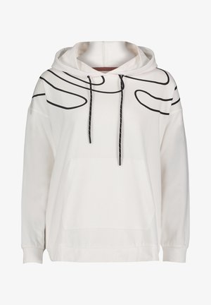 Felpa con cappuccio bianca con design a linee astratte nere, dotata di tasca frontale, cappuccio regolabile con coulisse e polsini a coste.