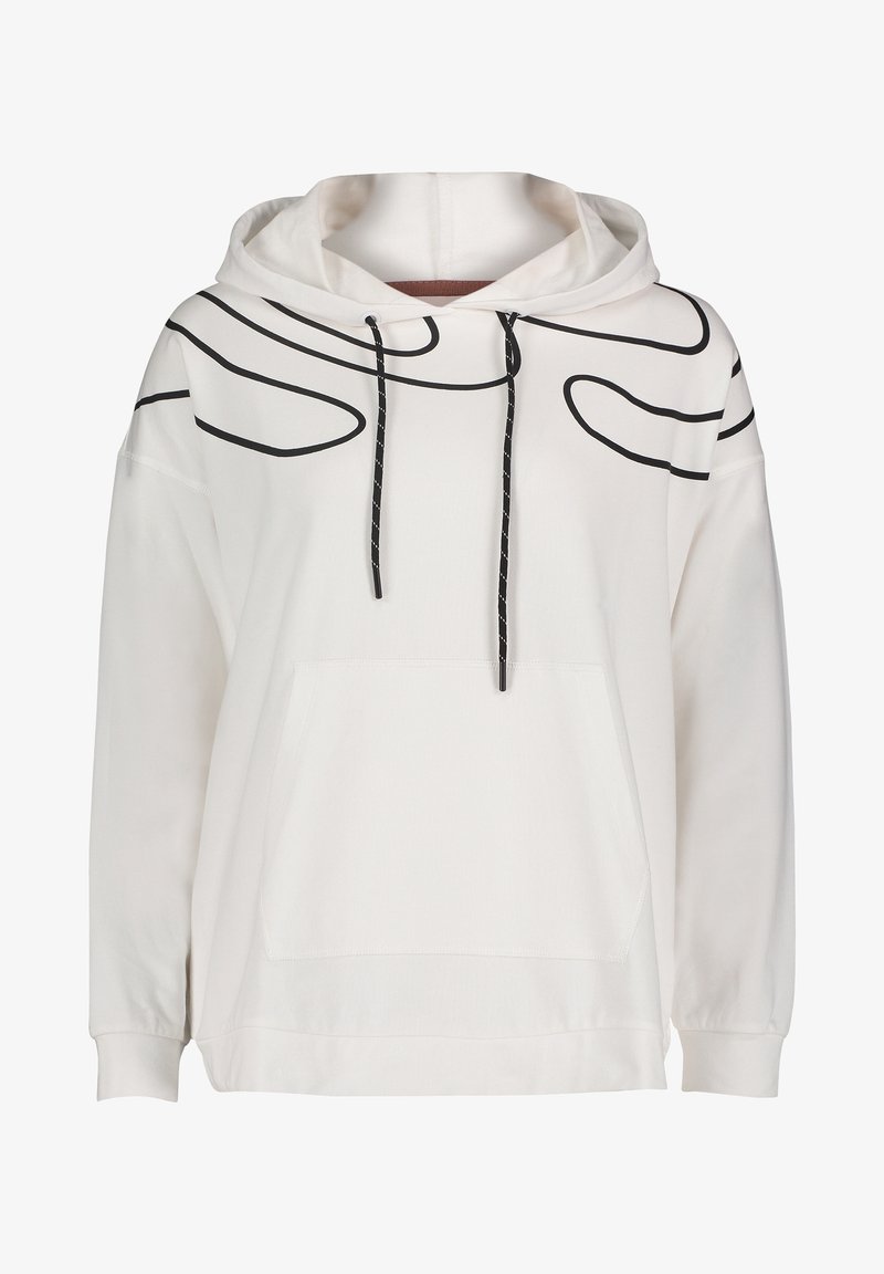 Felpa con cappuccio bianca con design a linee astratte nere, dotata di tasca frontale, cappuccio regolabile con coulisse e polsini a coste.