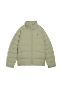 Ljusgrön puffjacka med framdragkedja, hög krage, sidofickor och en liten Puma-logotyp på vänster bröst.