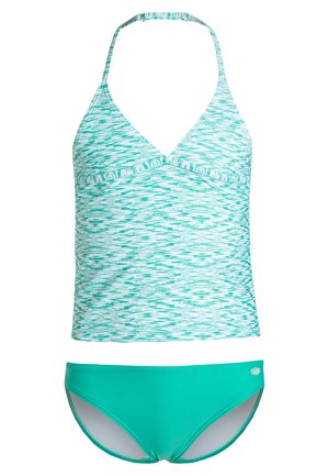 Teal and white patterned tankini top with a halter neck, featuring a ruffled trim and matching solid teal bikini bottom. Smooth fabric texture.