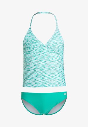 Türkise und weiße gemusterte Tankini-Oberteil mit Halterneck, das mit einem Rüschensaum versehen ist, sowie passendem einfarbigem türkisem Bikini-Höschen. Glatte Stoffstruktur.