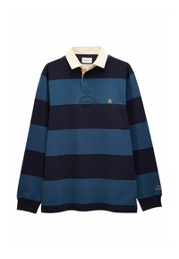 Langarm-Rugbyshirt mit breiten horizontalen Streifen in Marineblau und Teal, cremefarbener Kragen und kleinem gesticktem Logo auf der Brust.